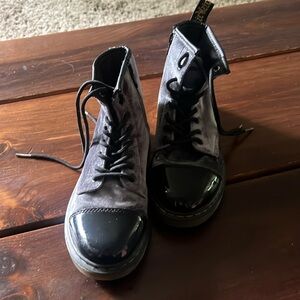 Grey velvet Dr. Martens with patent leather toe